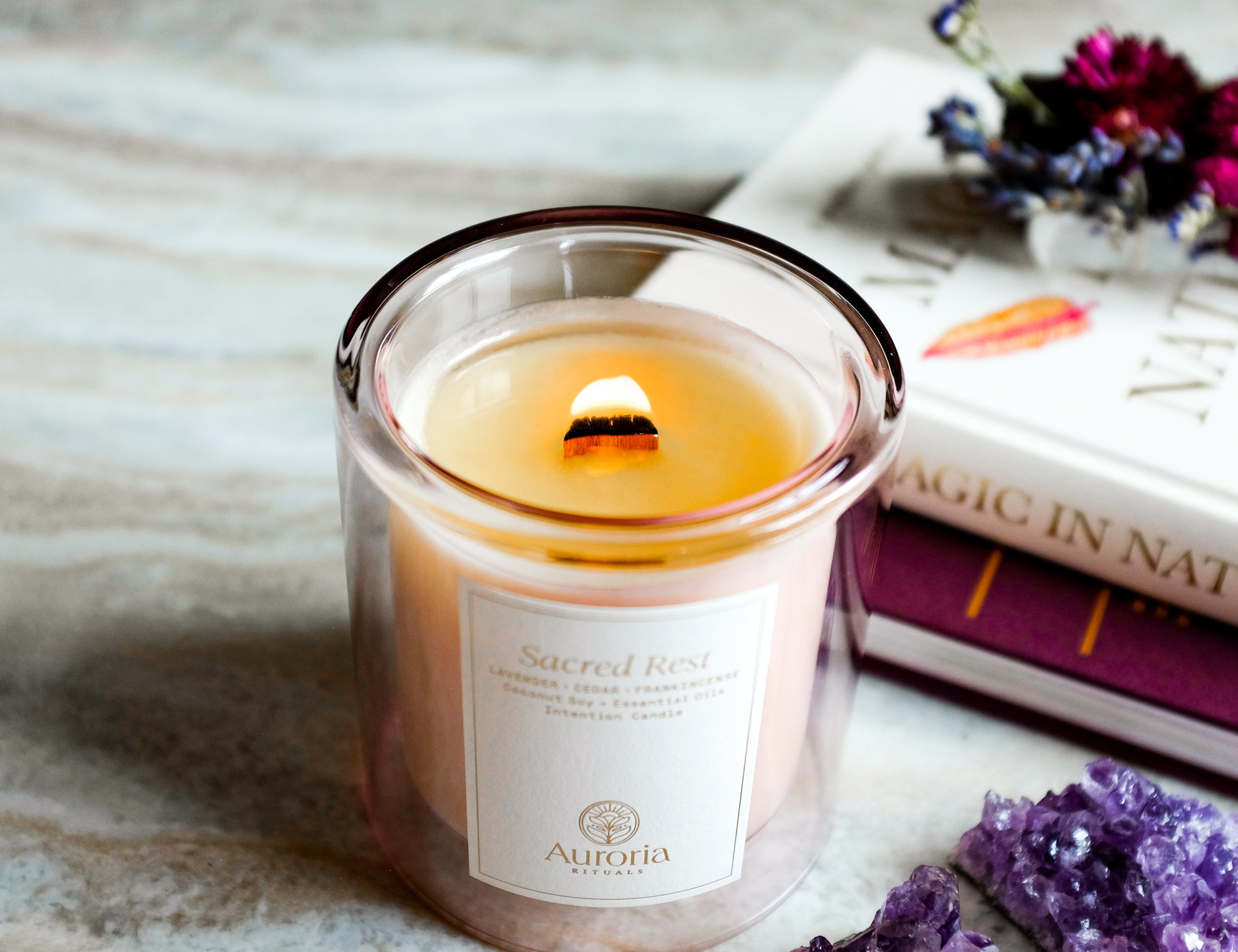 Auroria Rituals Sacred Rest Intention Candle made with pure essential oils. Coconut soy wax essential oil candle