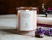 Auroria Rituals Sacred Rest Intention Candle made with pure essential oils. Coconut soy wax essential oil candle with amethyst crystal inside